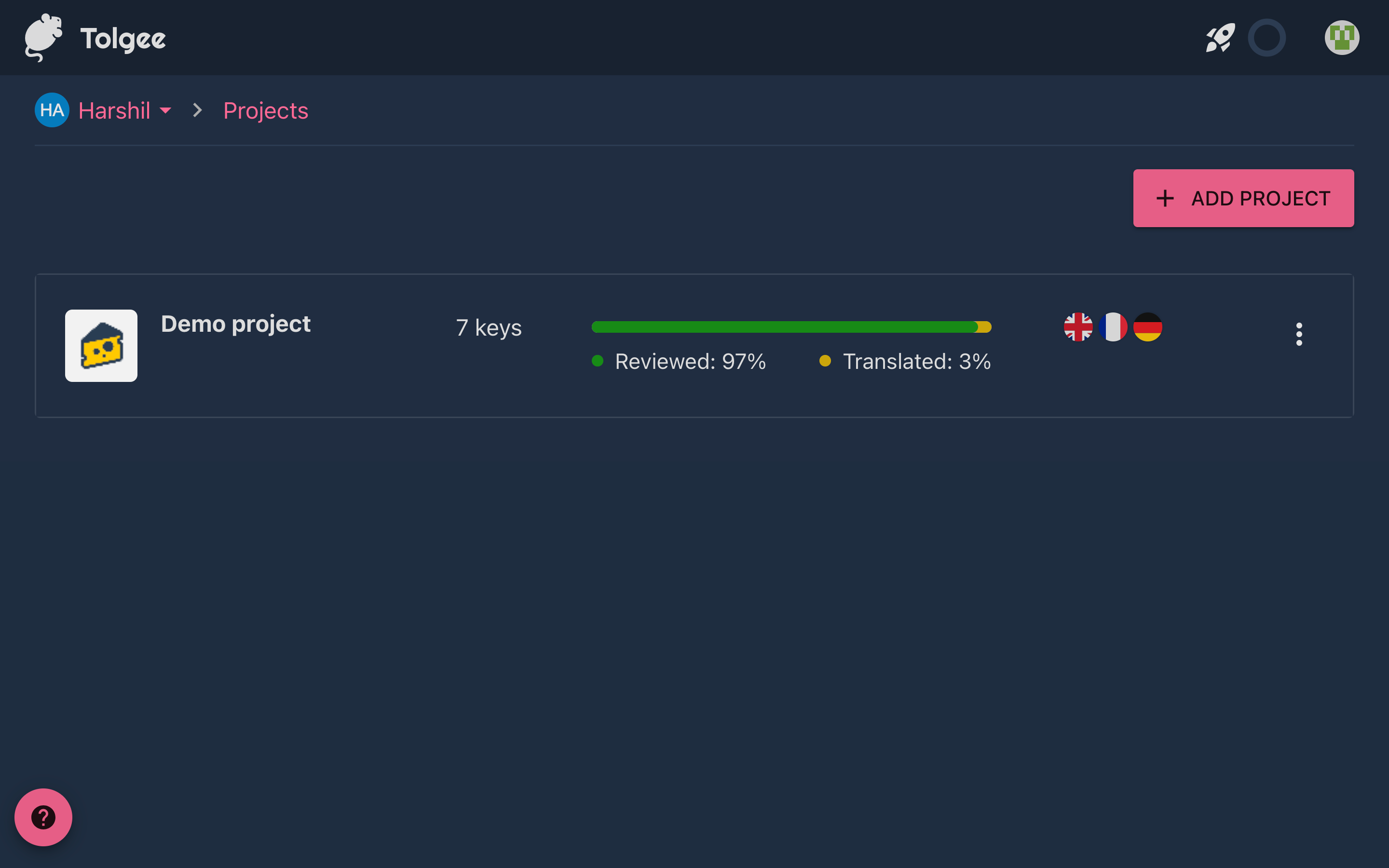 Screenshot of the Projects page on the Tolgee platform