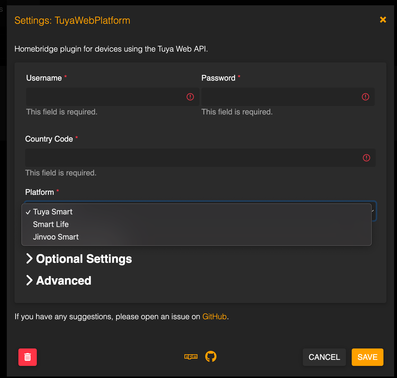 Configuring the plugin in Homebridge