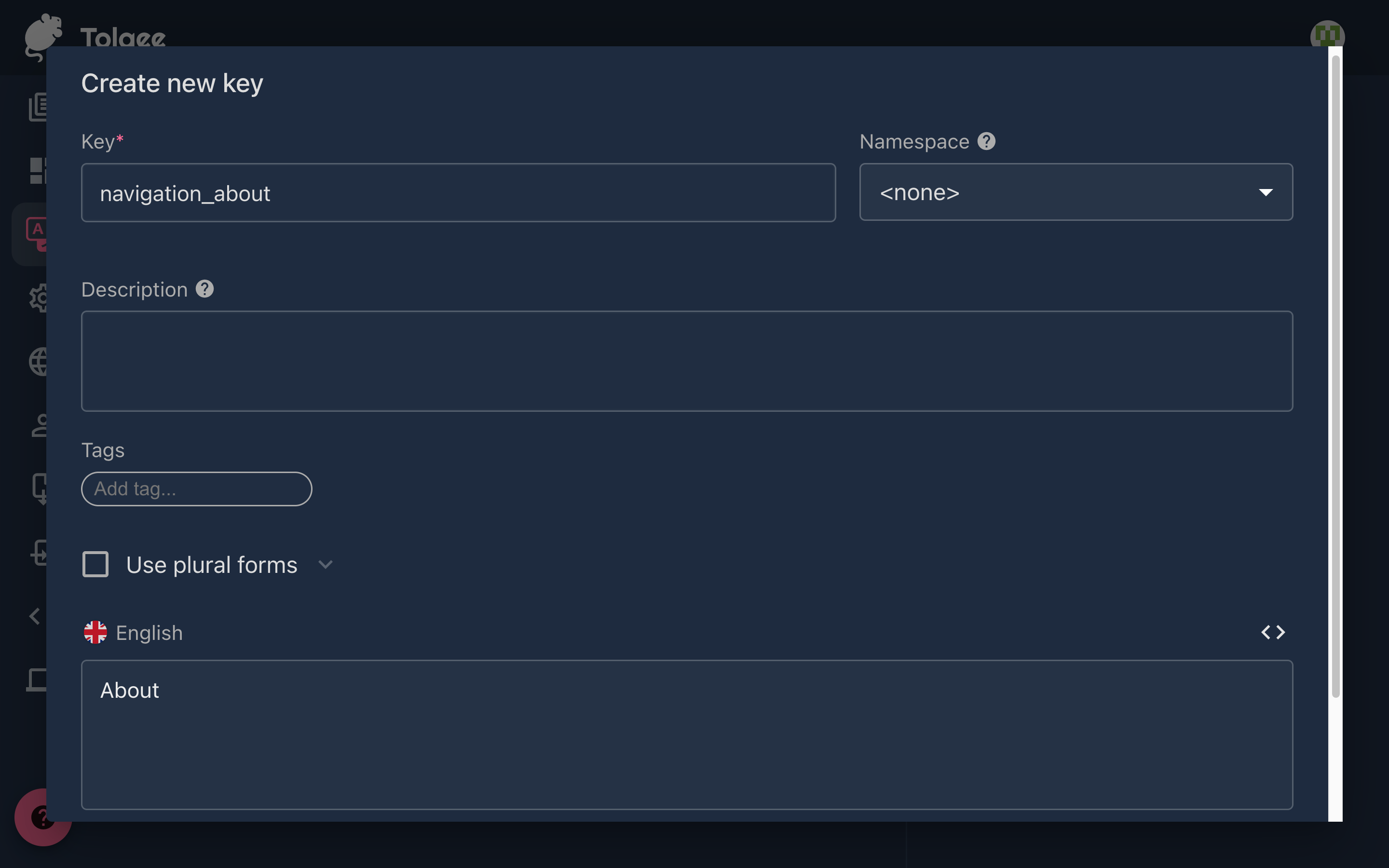 Screenshot of the Create new key window on the Tolgee platform