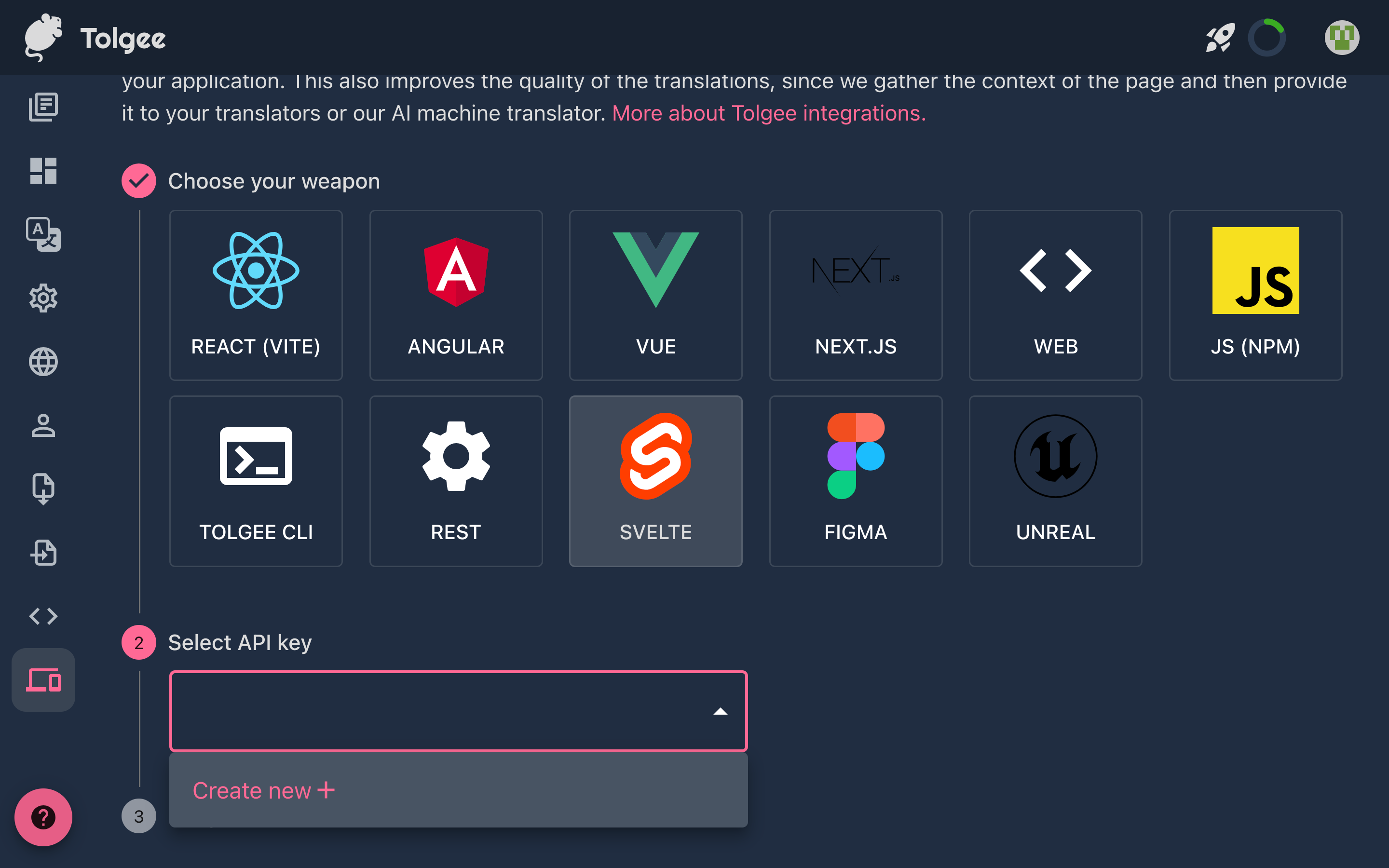 Screenshot of the Integration page on the Tolgee platform