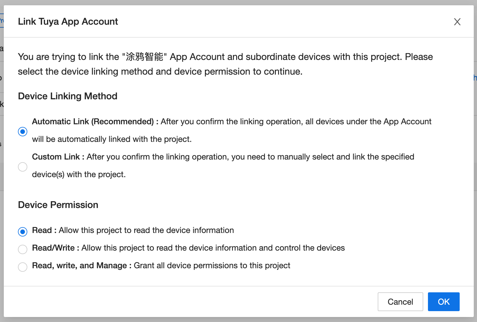 Linking the Tuya app account