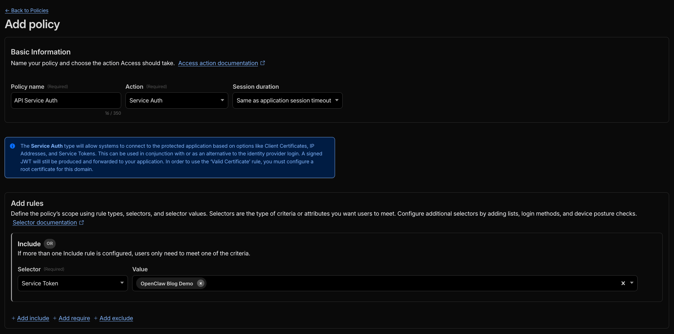 Screenshot of Access policy configuration