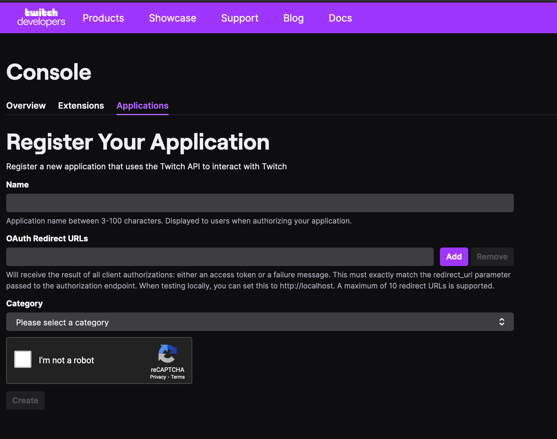 Twitch Developer Console