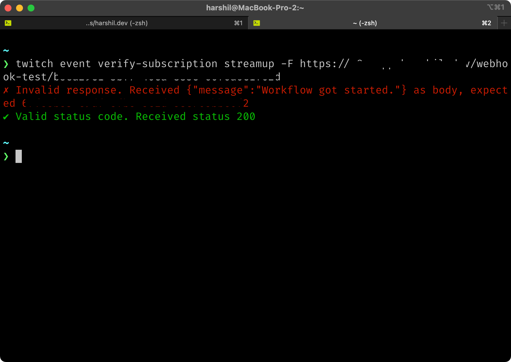 Output from the twitch event verify-subscription streamup command