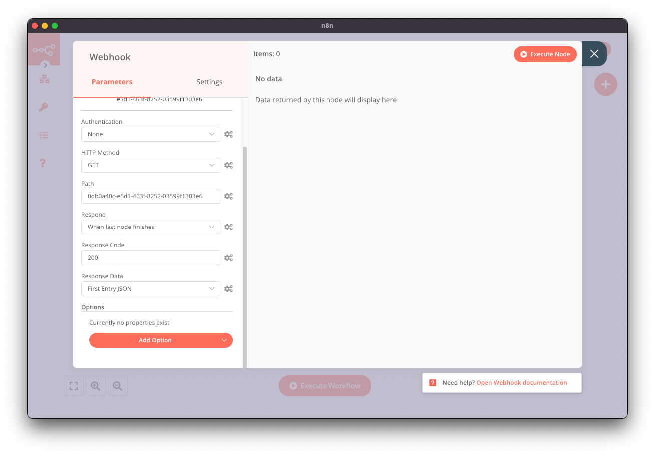 Setting up the Webhook node