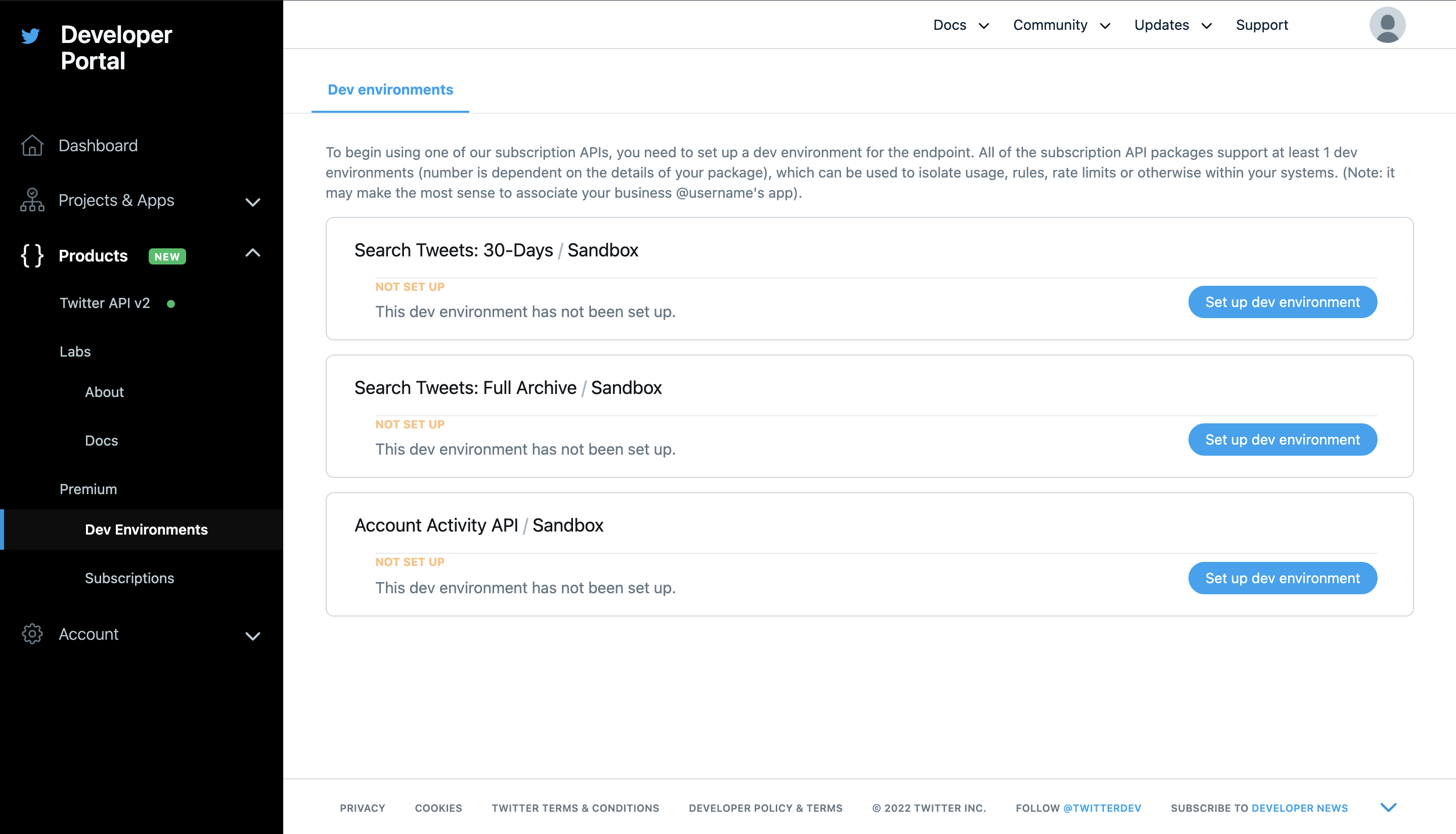 Twitter Developer Portal Dev environments page