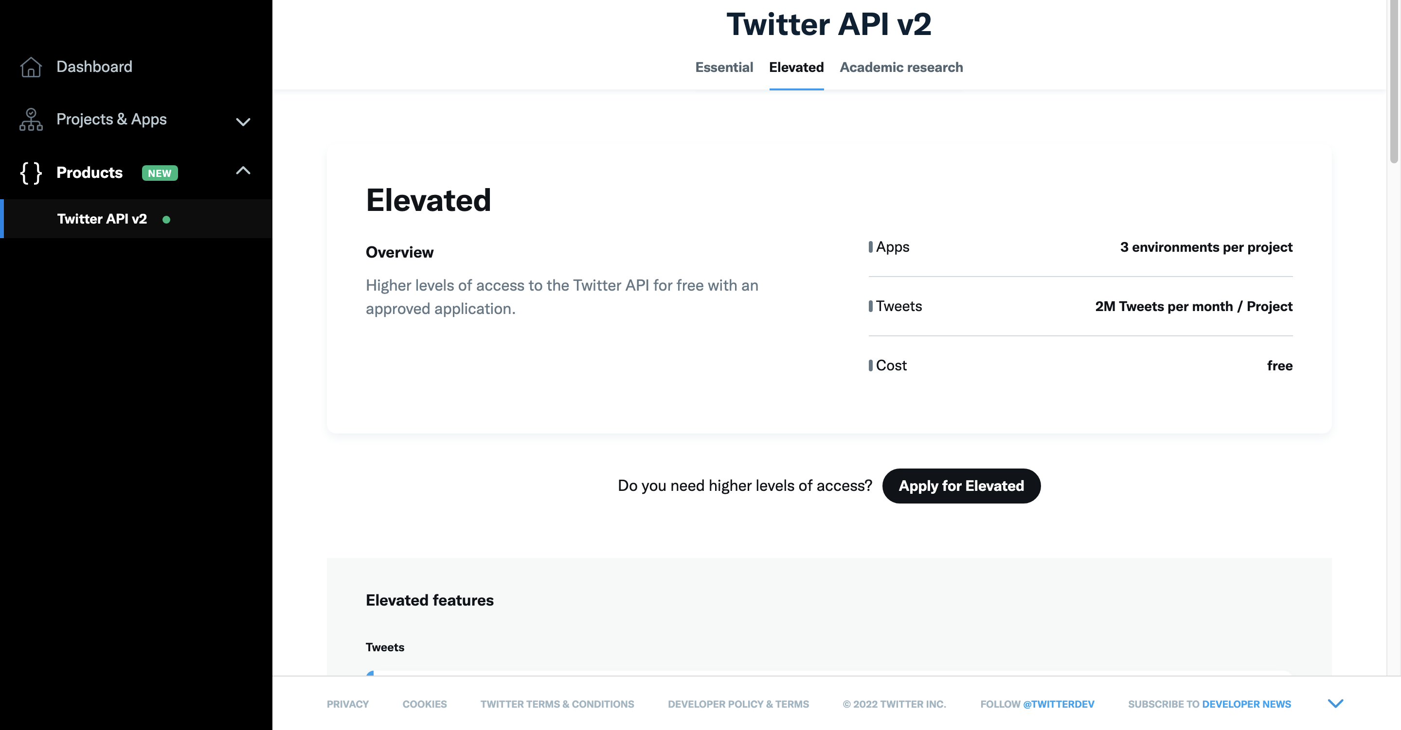 Twitter Developer Portal Elevated Access Page